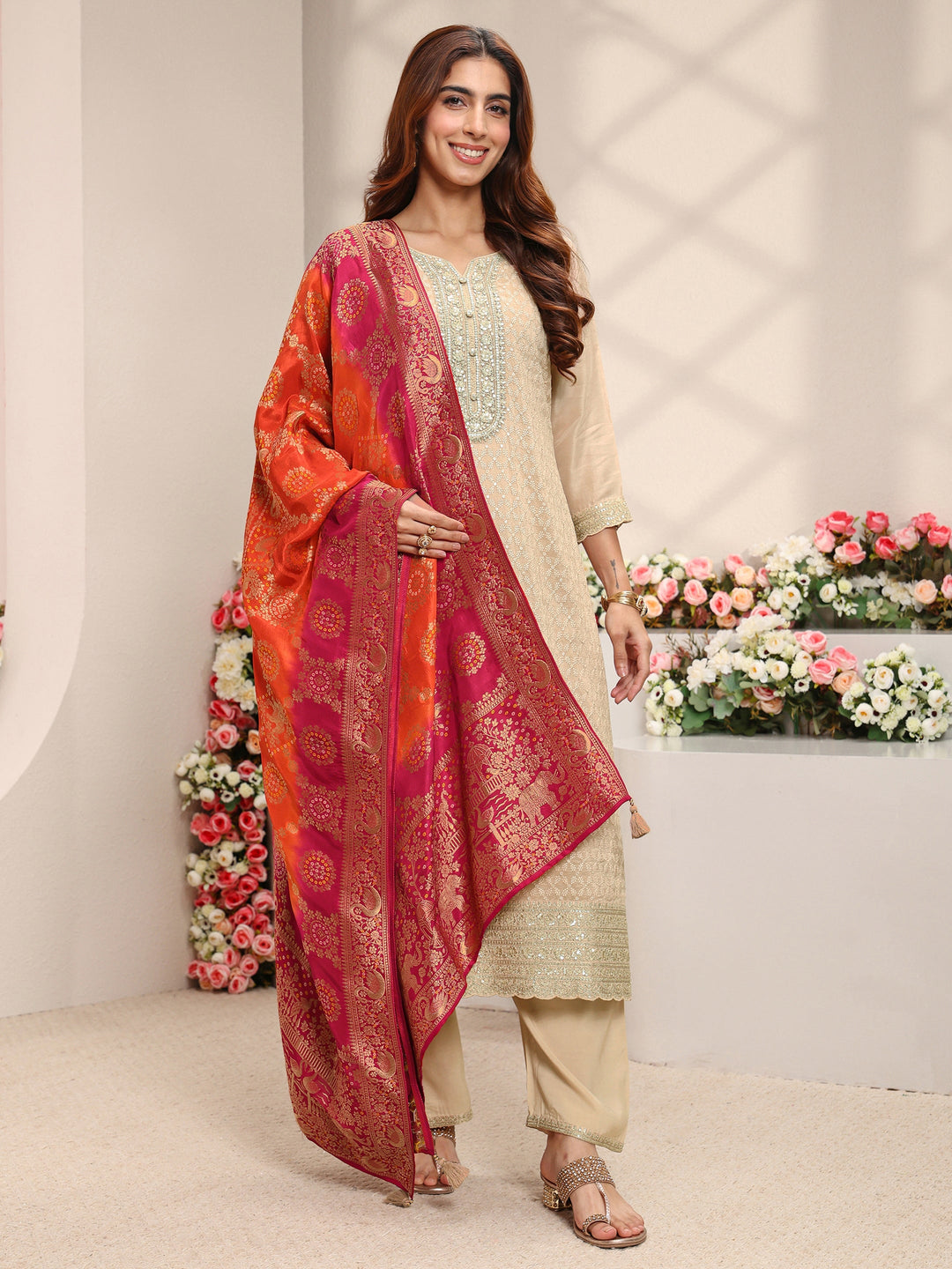  Beige Embellished Silk Blend Straight Suit Set With Dupatta 