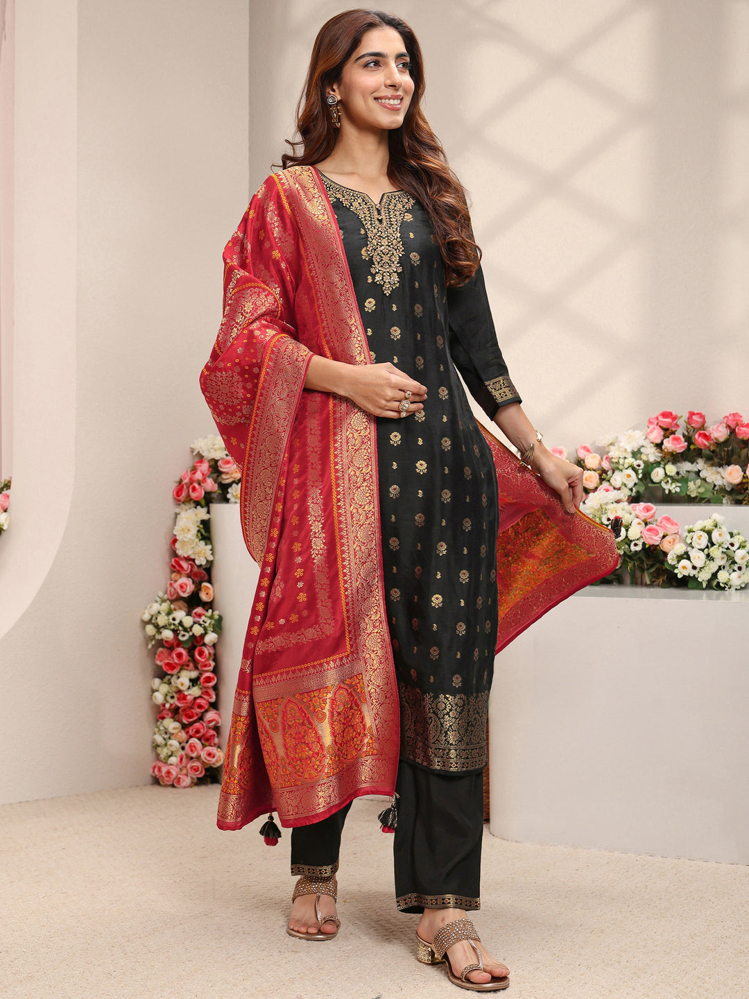  Black Floral Woven Design Silk Blend Straight Suit Set With Dupatta 