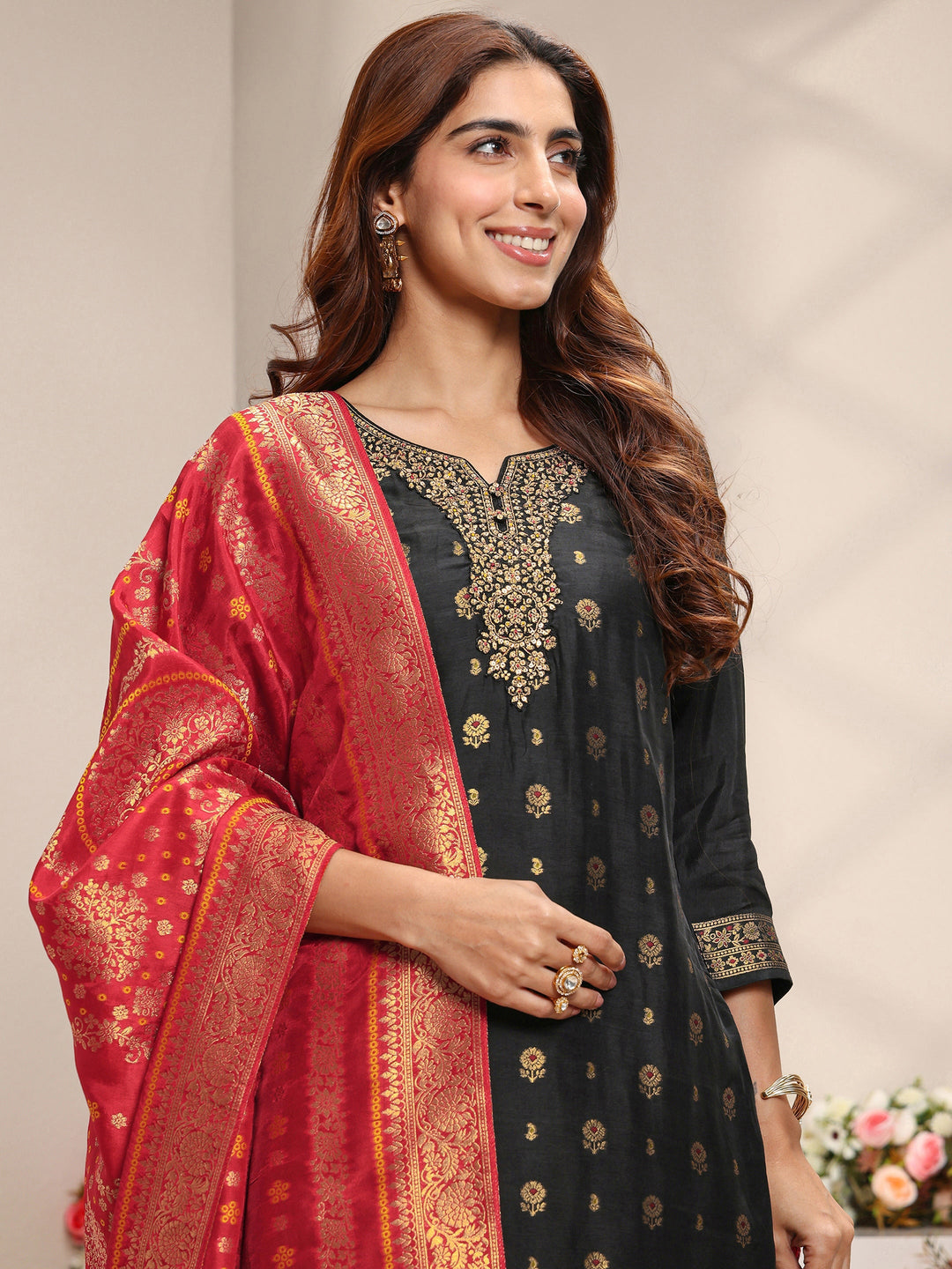  Black Floral Woven Design Silk Blend Straight Suit Set With Dupatta 