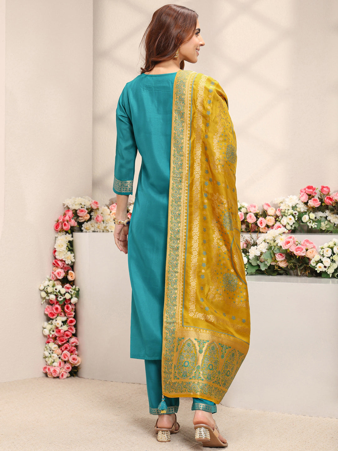  Green Floral Woven Design Silk Blend Straight Suit Set With Dupatta 