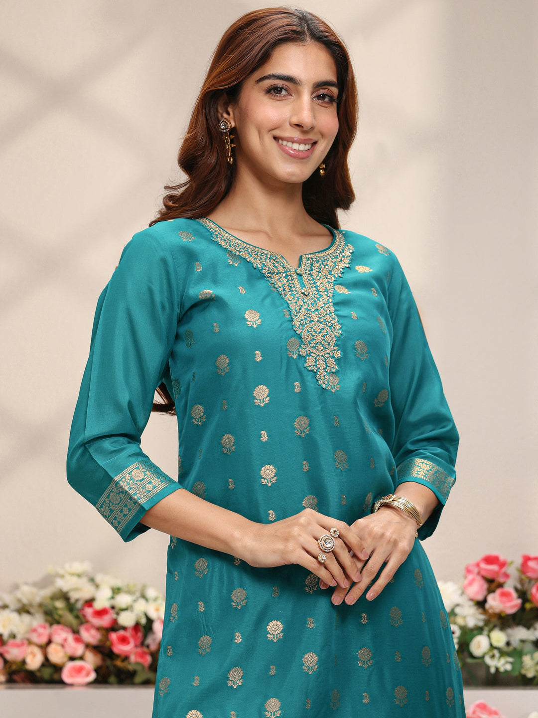  Green Floral Woven Design Silk Blend Straight Suit Set With Dupatta 