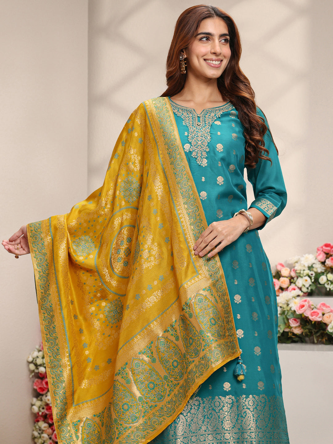  Green Floral Woven Design Silk Blend Straight Suit Set With Dupatta 