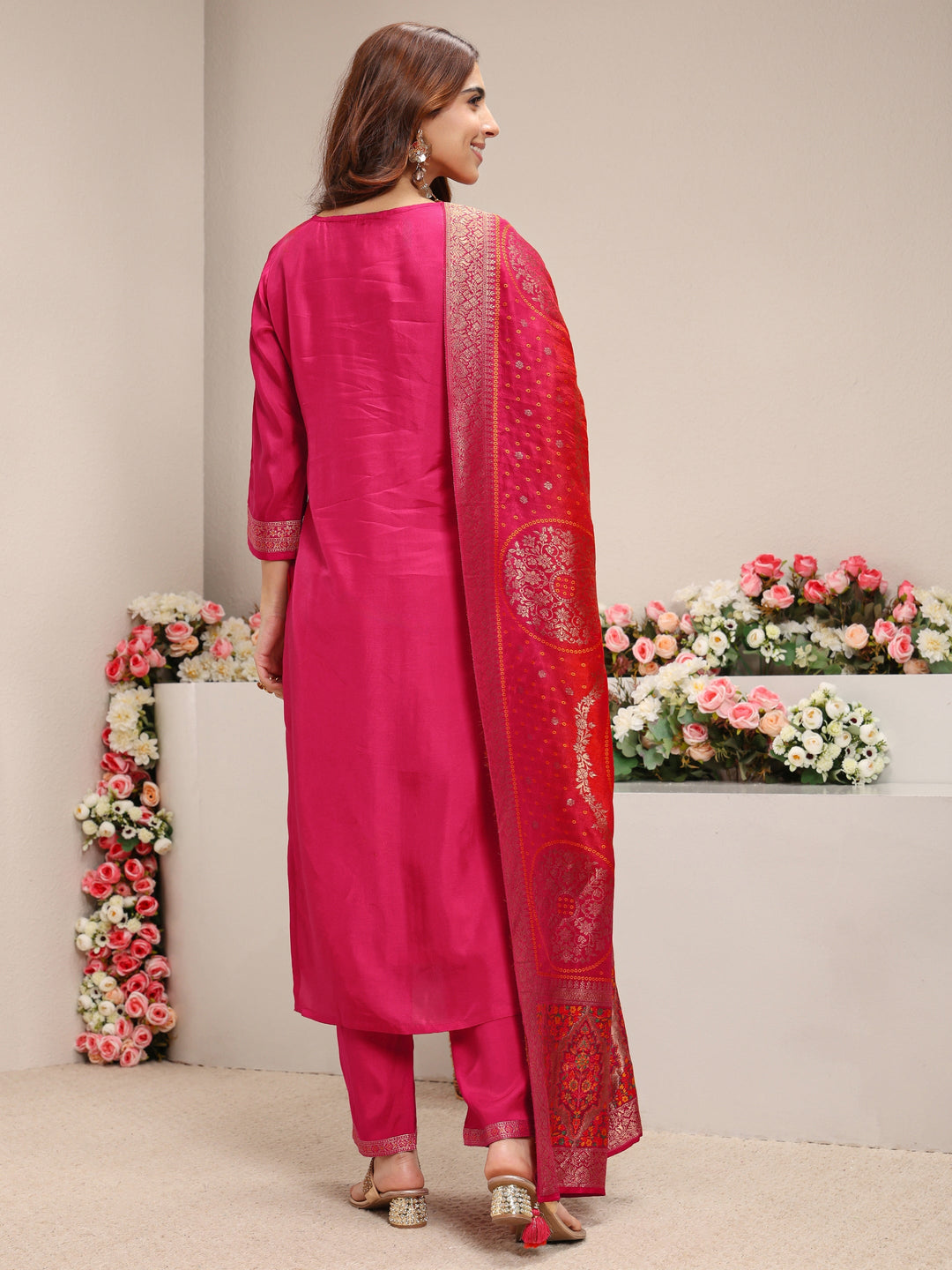 Pink Woven Design Silk Blend Straight Suit Set With Dupatta 