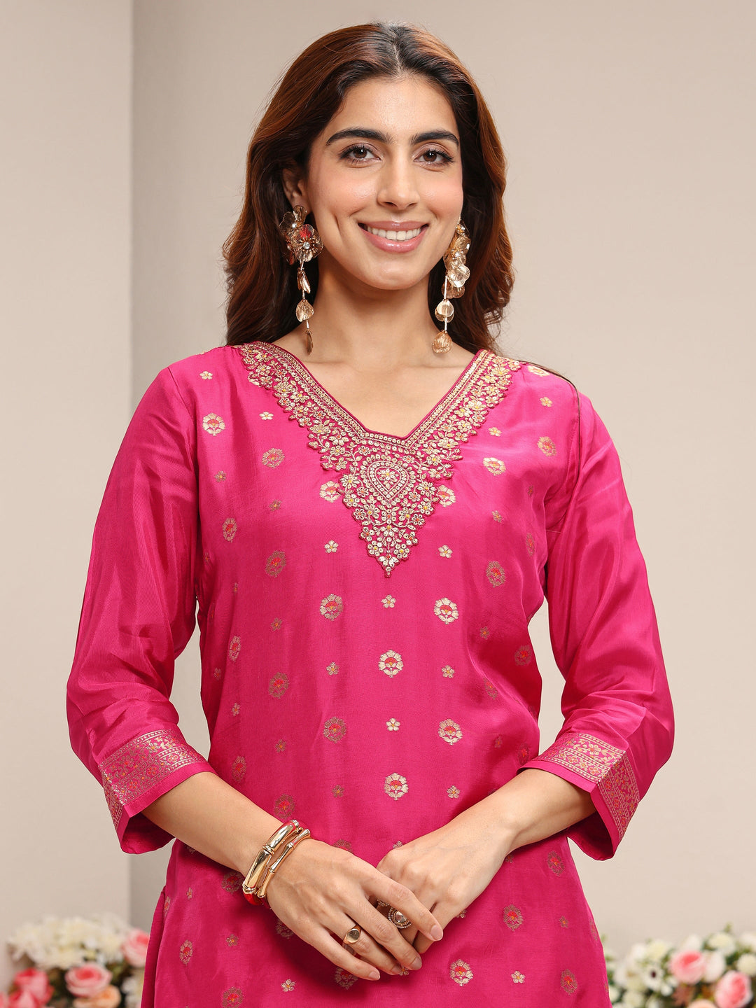  Pink Woven Design Silk Blend Straight Suit Set With Dupatta 