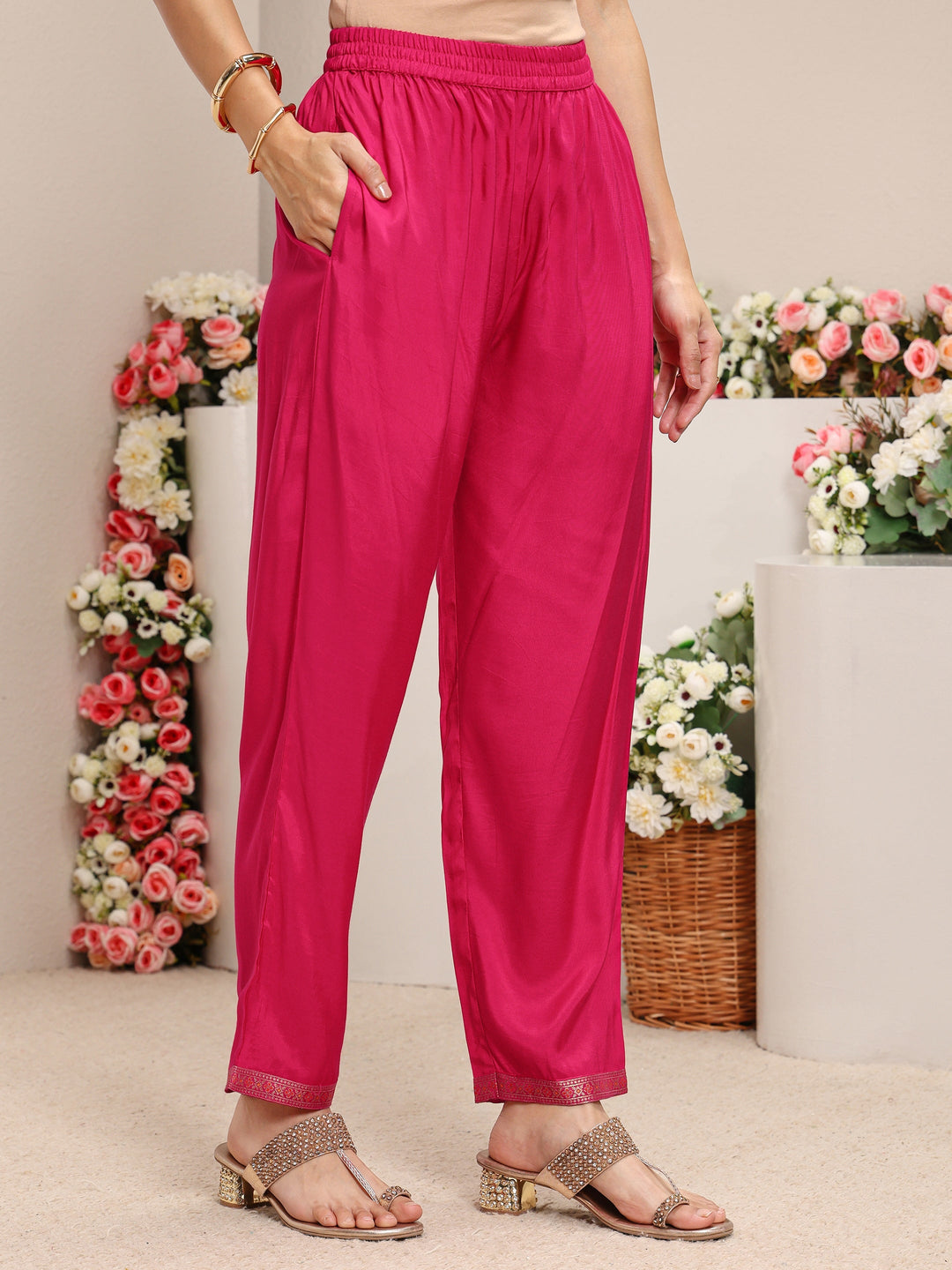  Pink Woven Design Silk Blend Straight Suit Set With Dupatta 