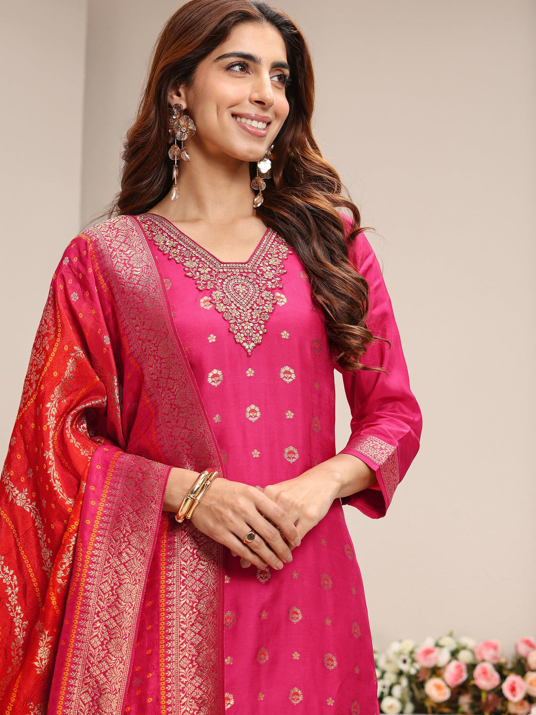  Pink Woven Design Silk Blend Straight Suit Set With Dupatta 
