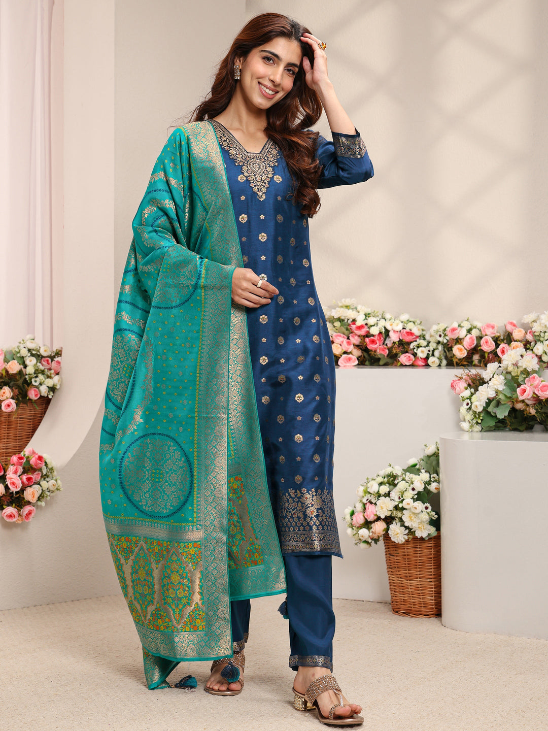  Blue Woven Design Silk Blend Straight Suit Set With Dupatta 