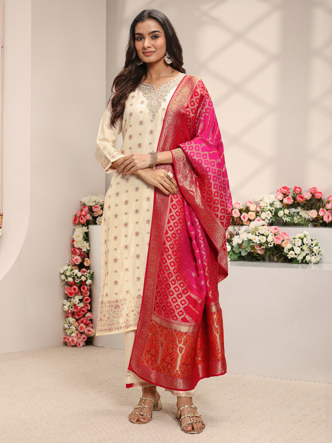  Ivory Woven Design Silk Blend Straight Suit Set With Dupatta 