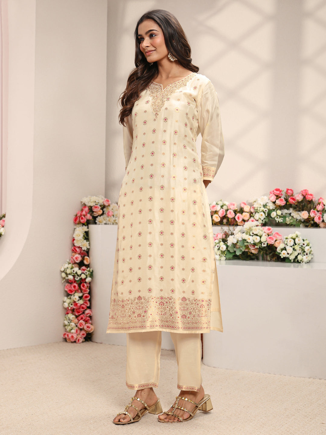  Ivory Woven Design Silk Blend Straight Suit Set With Dupatta 