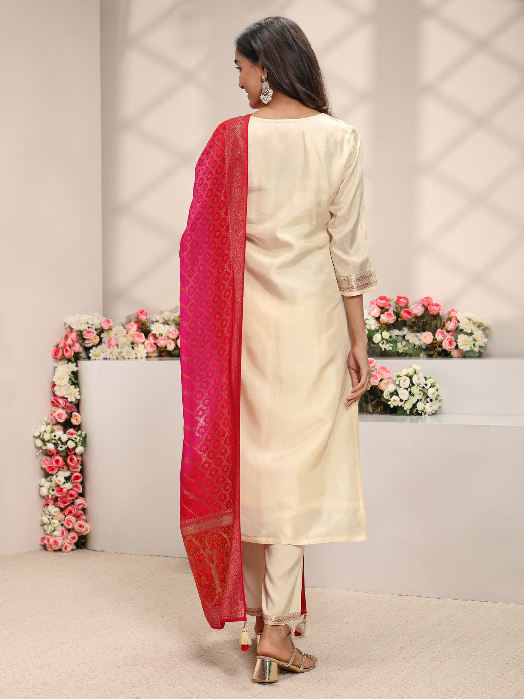  Ivory Woven Design Silk Blend Straight Suit Set With Dupatta 