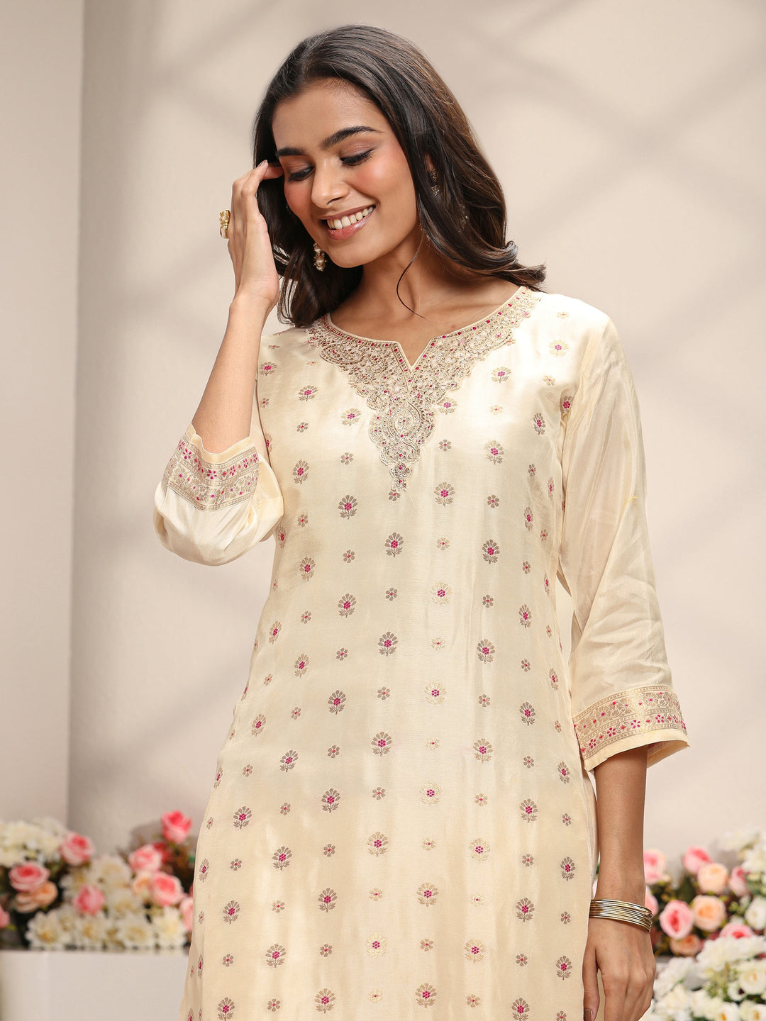  Ivory Woven Design Silk Blend Straight Suit Set With Dupatta 