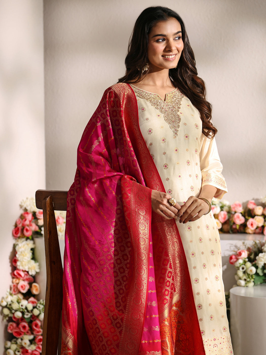 Ivory Woven Design Silk Blend Straight Suit Set With Dupatta 