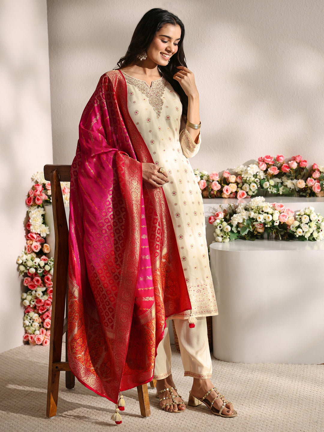  Ivory Woven Design Silk Blend Straight Suit Set With Dupatta 