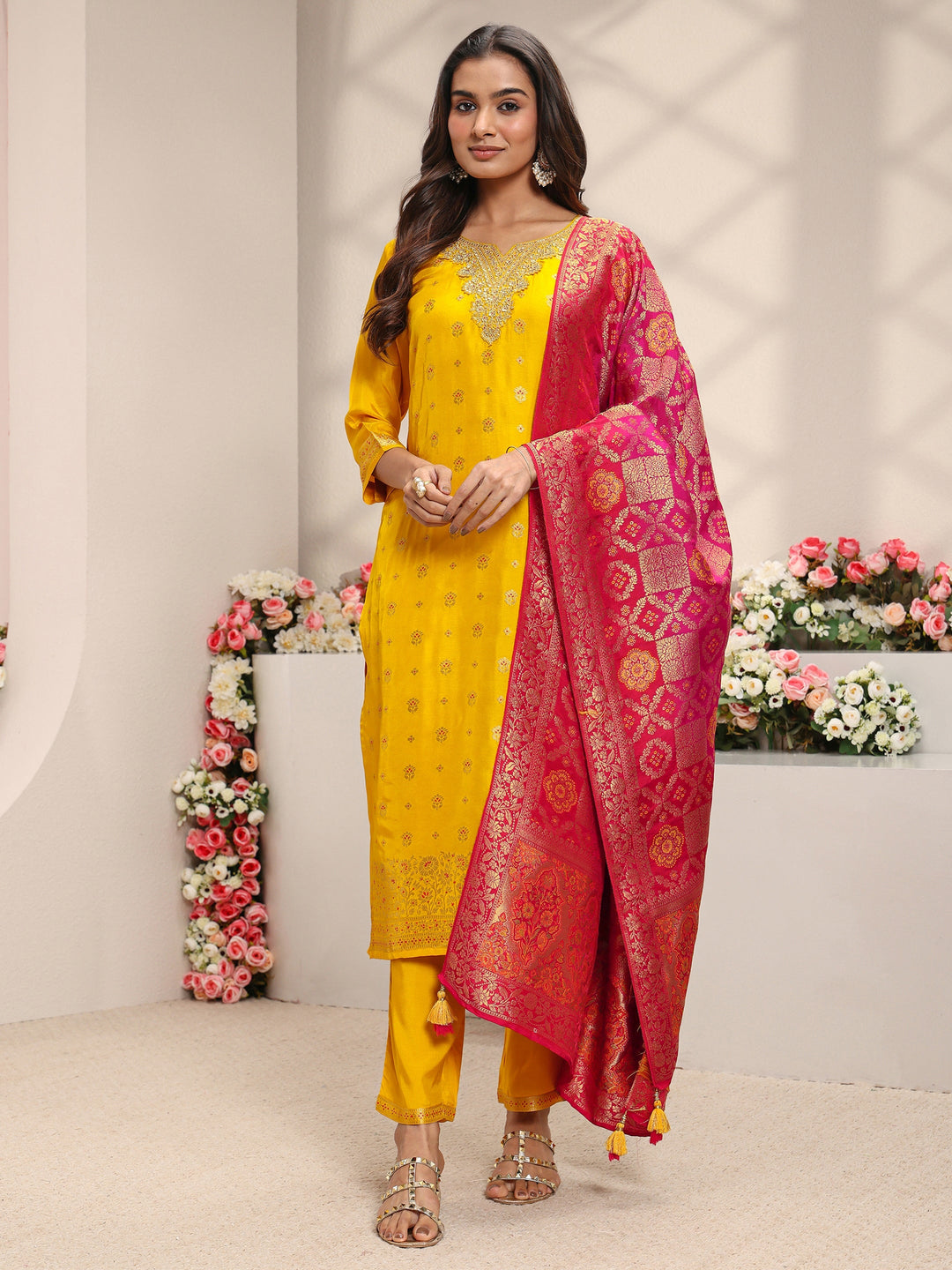  Mustard Floral Woven Design Silk Blend Straight Suit Set With Dupatta 