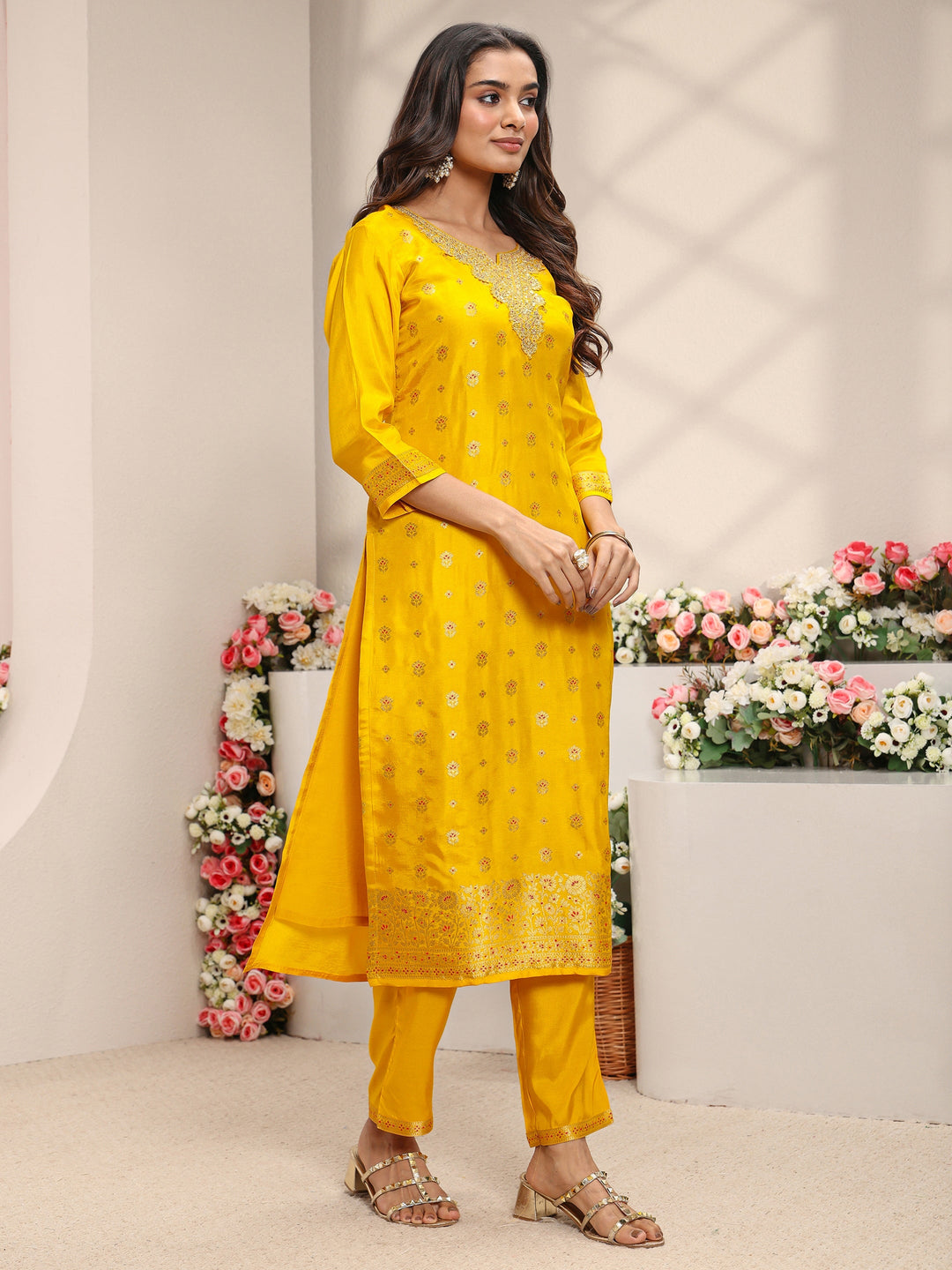  Mustard Floral Woven Design Silk Blend Straight Suit Set With Dupatta 