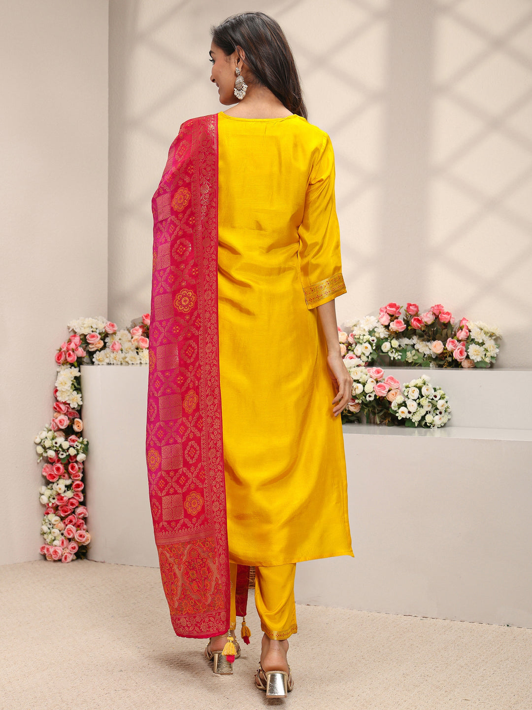  Mustard Floral Woven Design Silk Blend Straight Suit Set With Dupatta 