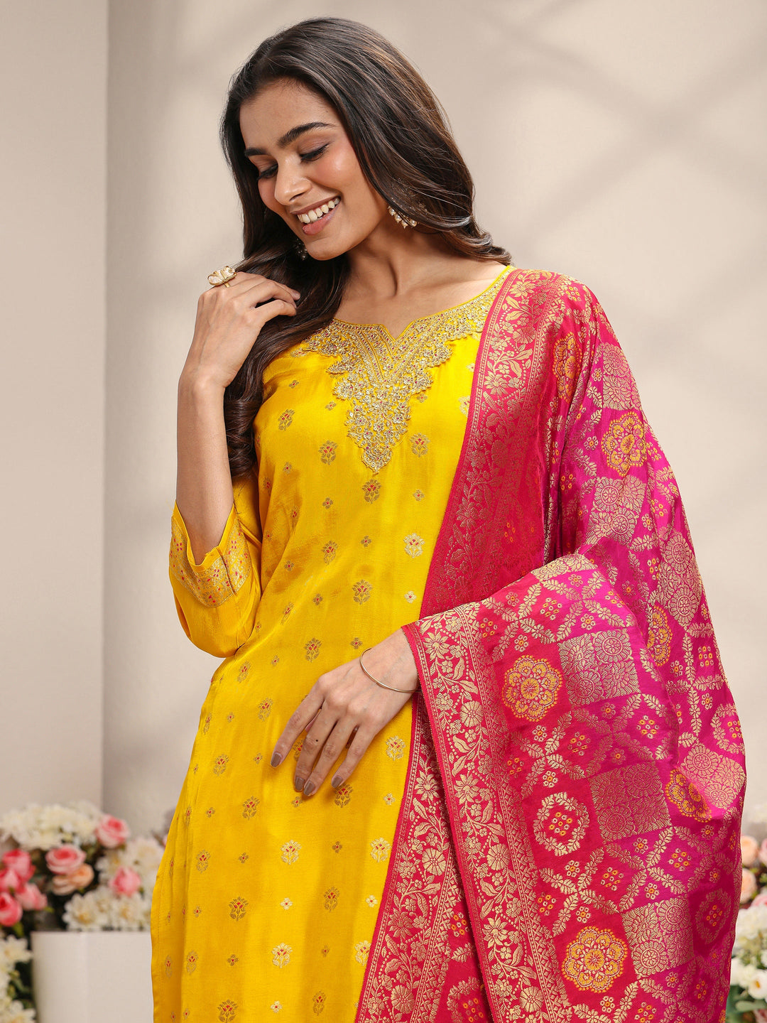  Mustard Floral Woven Design Silk Blend Straight Suit Set With Dupatta 