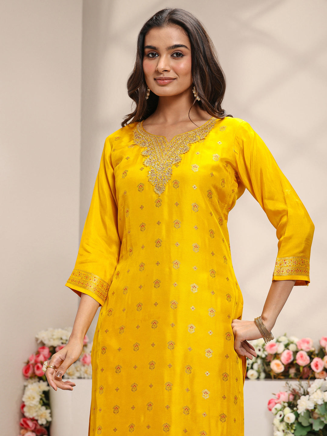  Mustard Floral Woven Design Silk Blend Straight Suit Set With Dupatta 