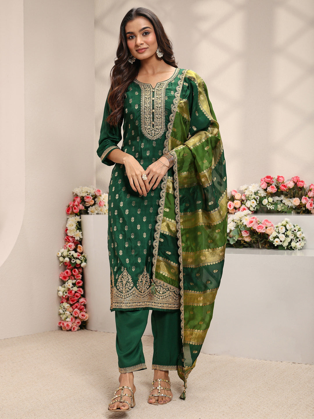  Green Woven Design Silk Blend Straight Suit Set With Dupatta 