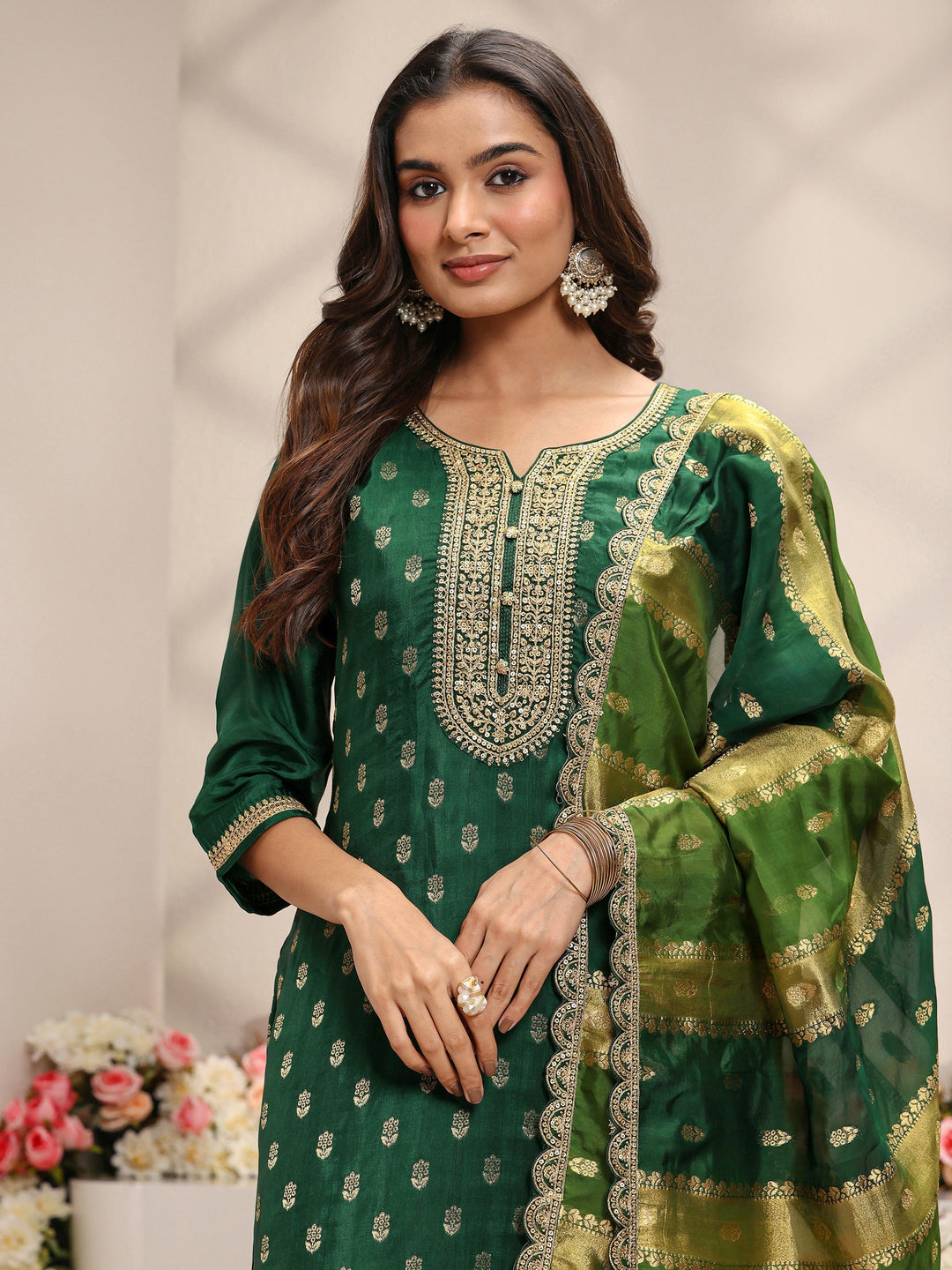  Green Woven Design Silk Blend Straight Suit Set With Dupatta 