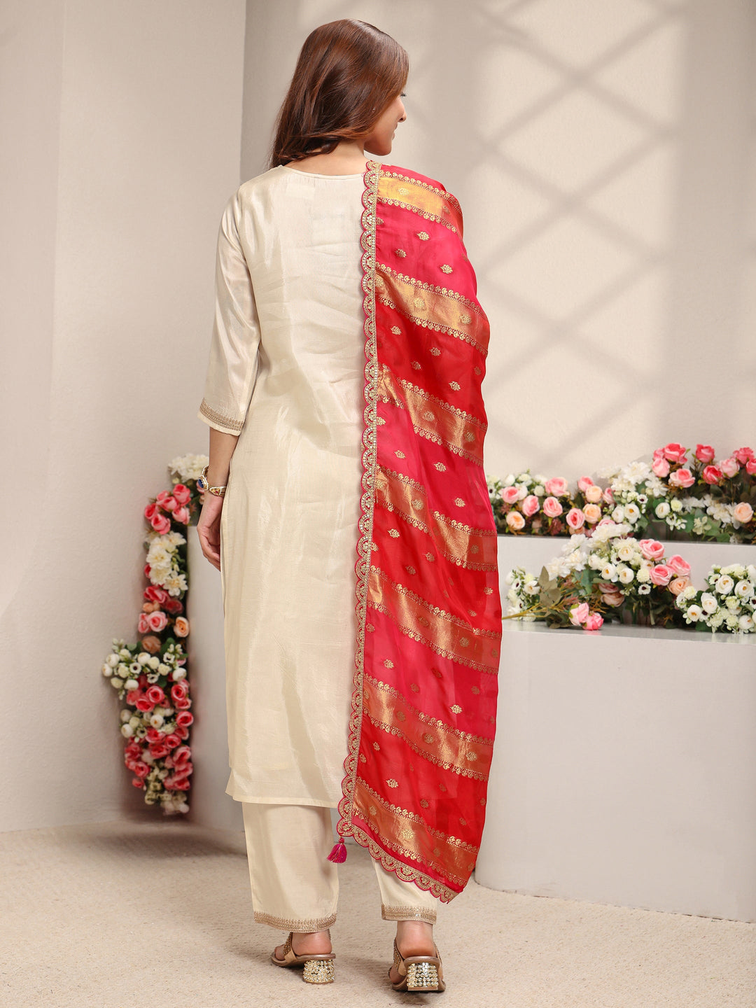  Ivory Woven Design Silk Blend Straight Suit Set With Dupatta 