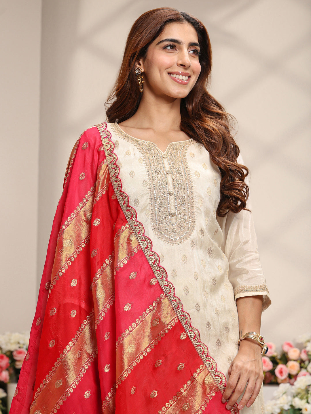  Ivory Woven Design Silk Blend Straight Suit Set With Dupatta 