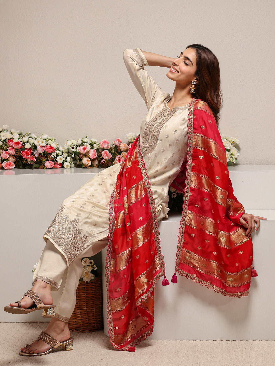  Ivory Woven Design Silk Blend Straight Suit Set With Dupatta 