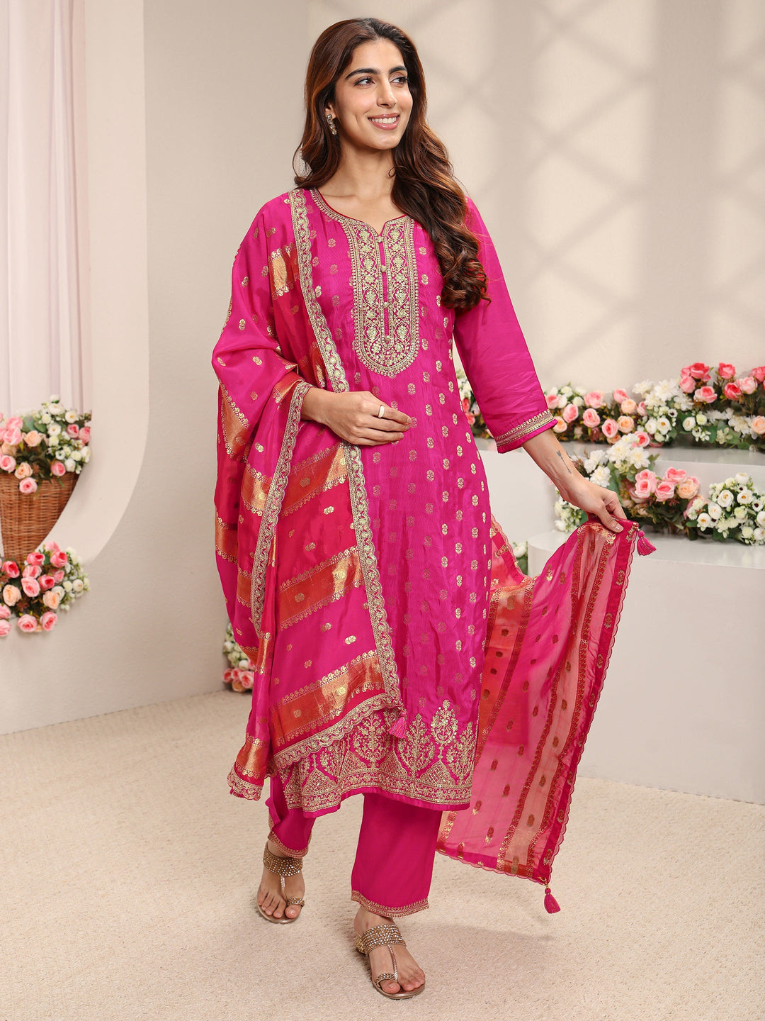  Pink Woven Design Silk Blend Straight Suit Set With Dupatta 