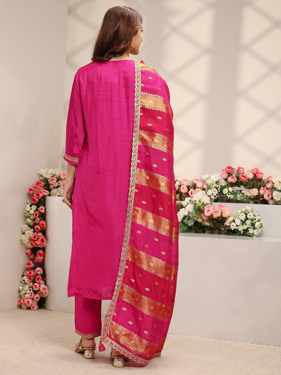  Pink Woven Design Silk Blend Straight Suit Set With Dupatta 