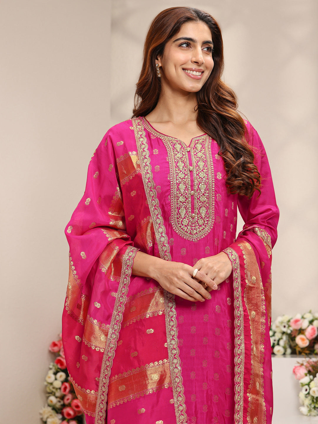  Pink Woven Design Silk Blend Straight Suit Set With Dupatta 