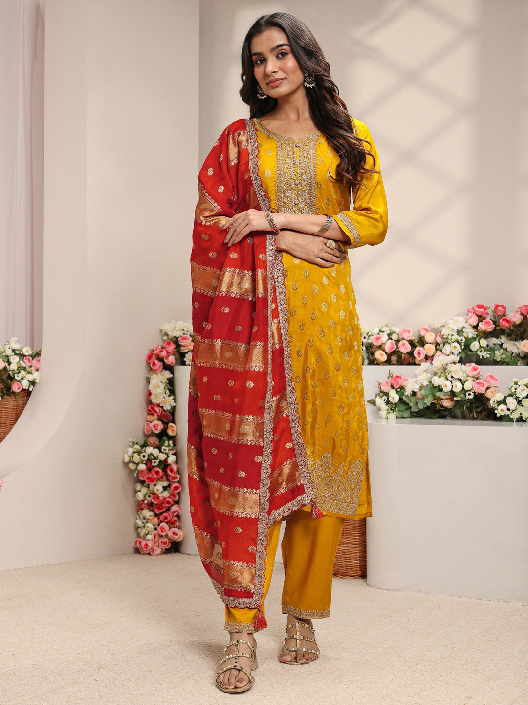  Mustard Woven Design Silk Blend Straight Suit Set With Dupatta 