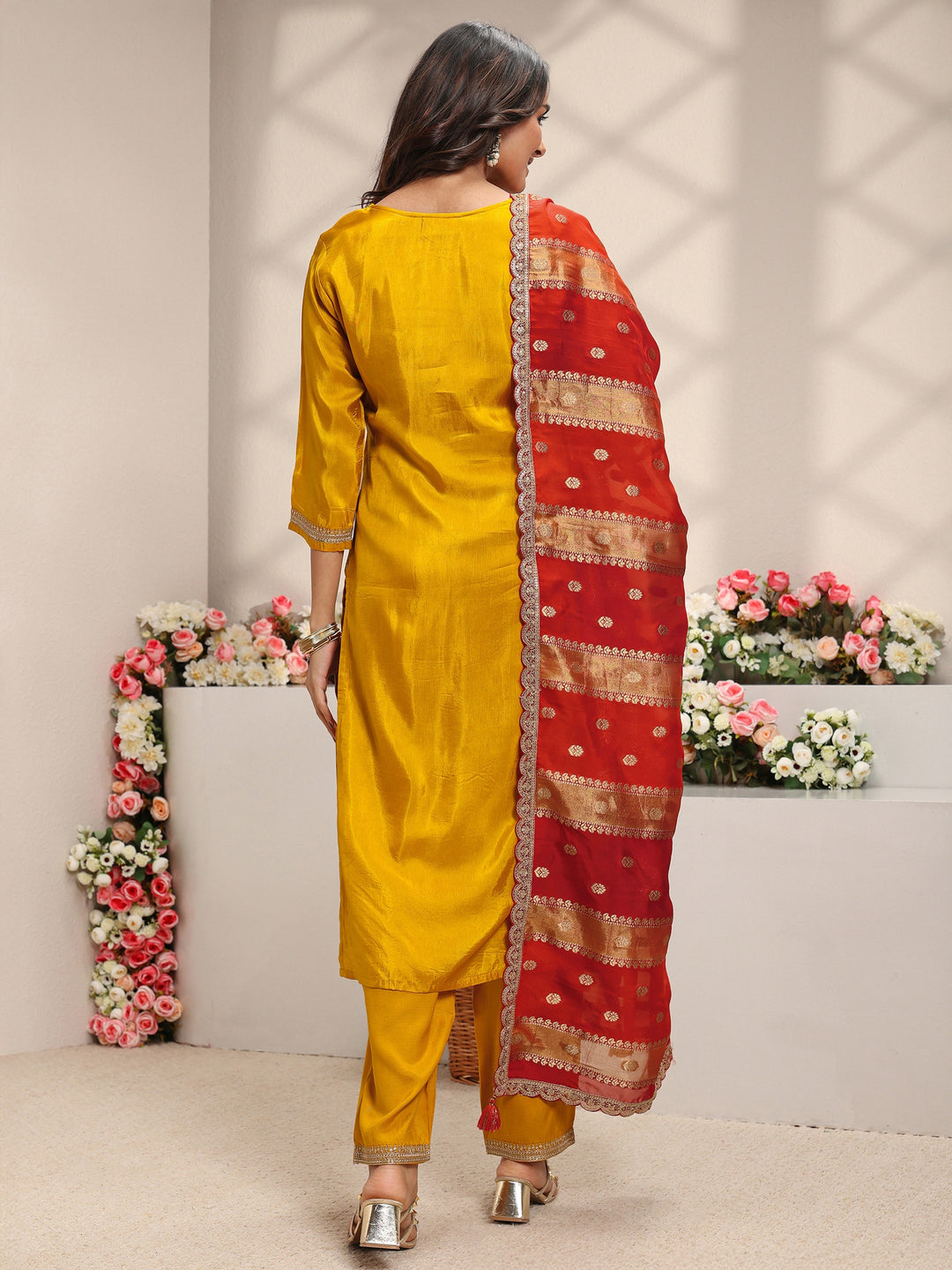  Mustard Woven Design Silk Blend Straight Suit Set With Dupatta 