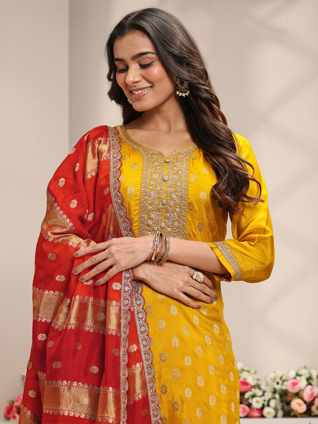  Mustard Woven Design Silk Blend Straight Suit Set With Dupatta 