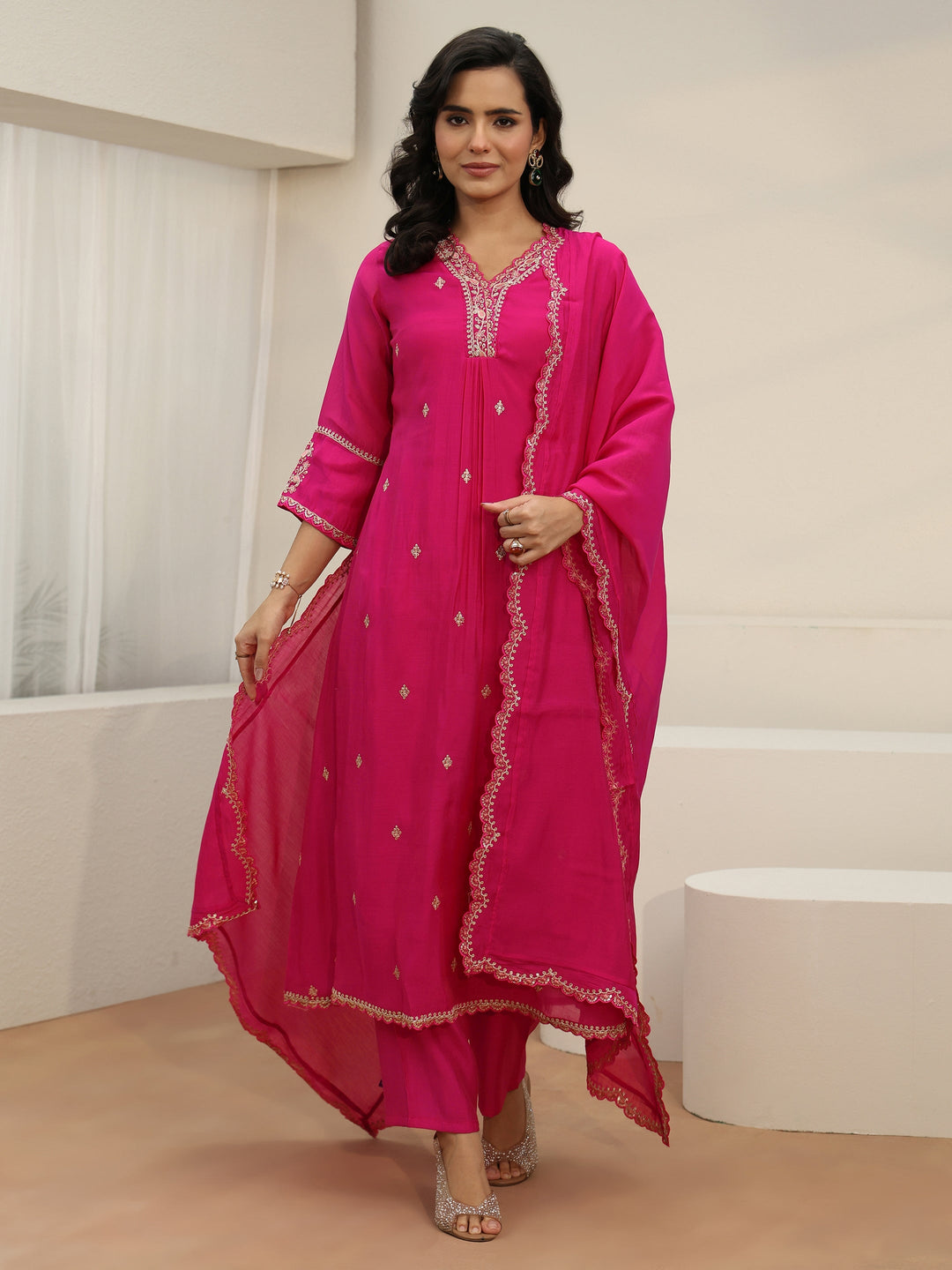  Libas Rani Pink Embroidered Chanderi Cotton A-Line Suit Set 