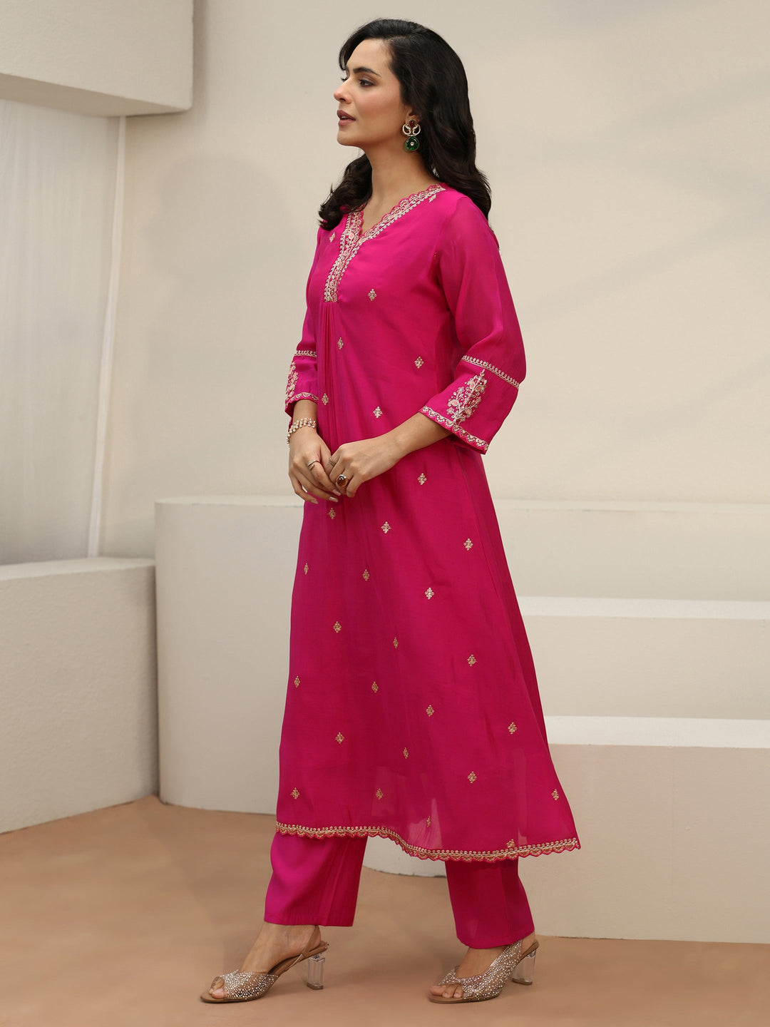  Libas Rani Pink Embroidered Chanderi Cotton A-Line Suit Set 