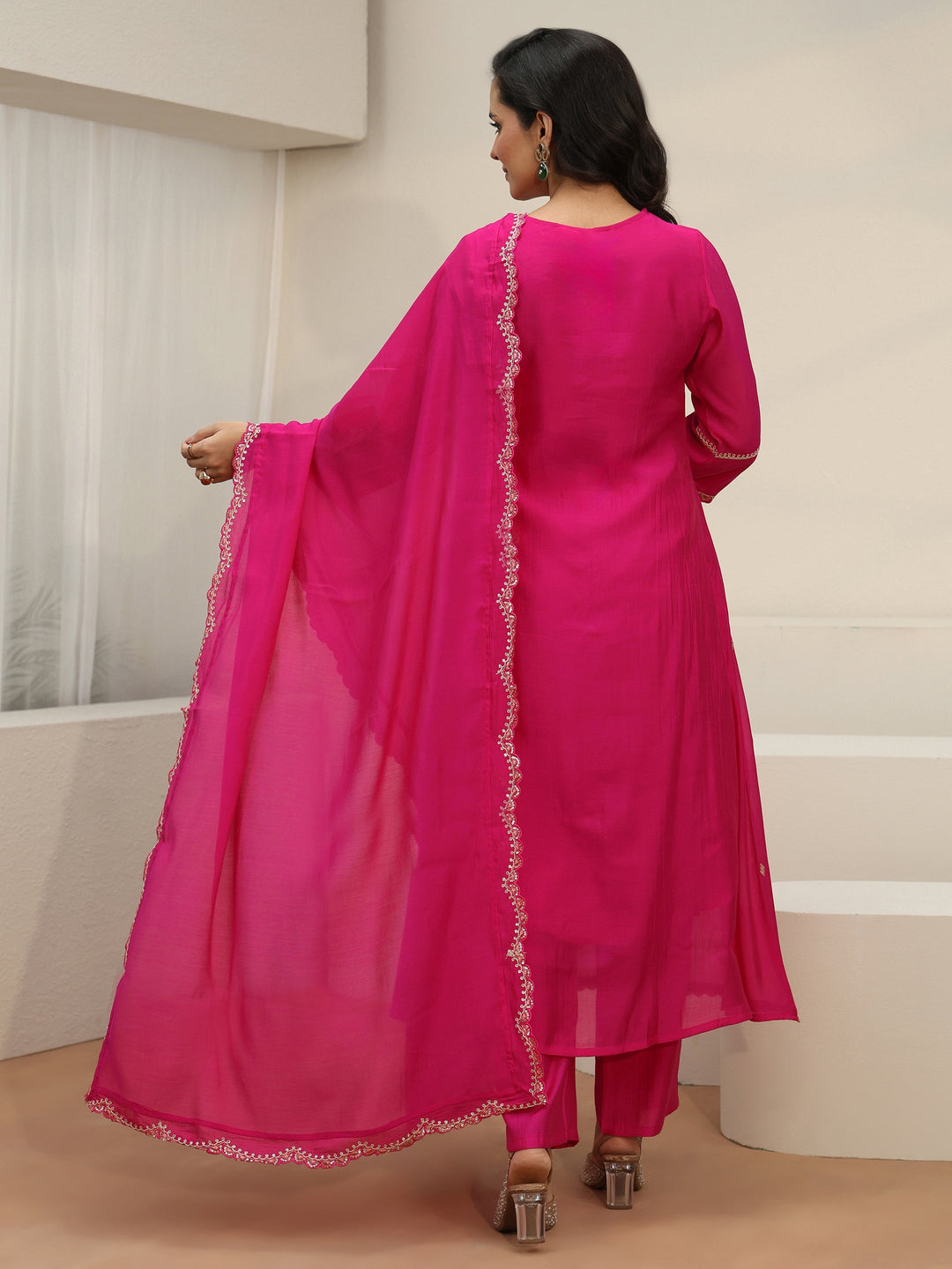  Libas Rani Pink Embroidered Chanderi Cotton A-Line Suit Set 