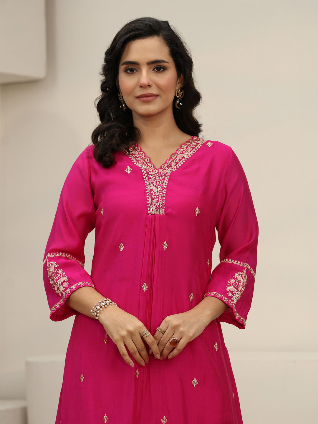  Libas Rani Pink Embroidered Chanderi Cotton A-Line Suit Set 