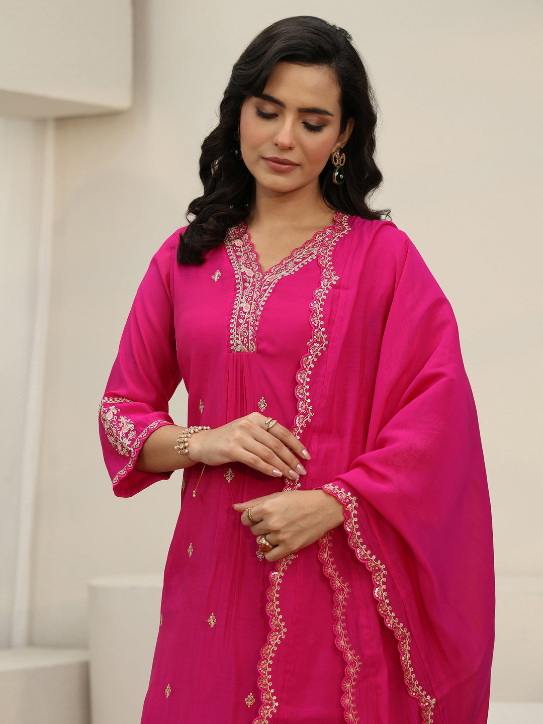  Libas Rani Pink Embroidered Chanderi Cotton A-Line Suit Set 