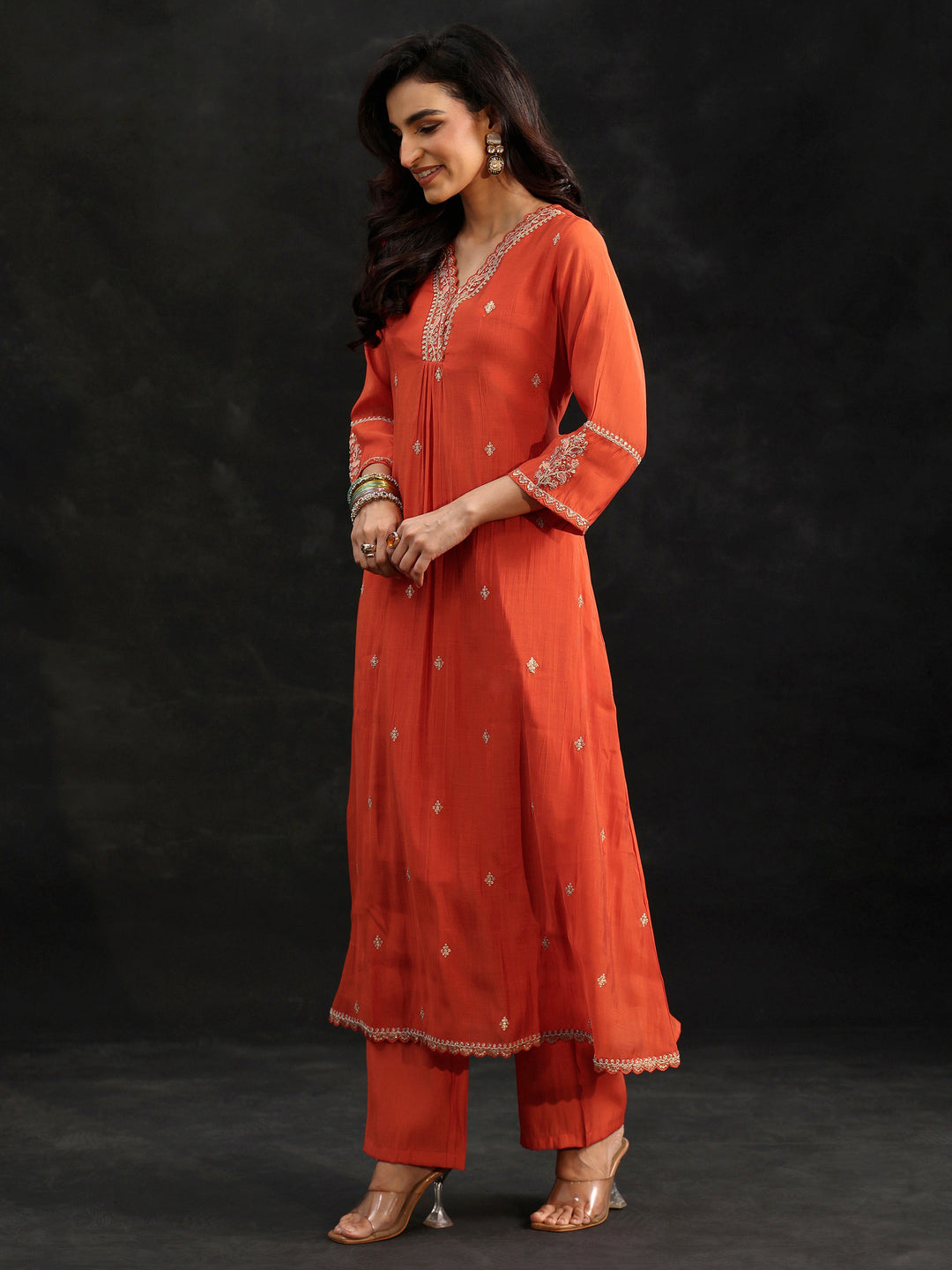  Libas Orange Embroidered Chanderi Cotton A-Line Suit Set 