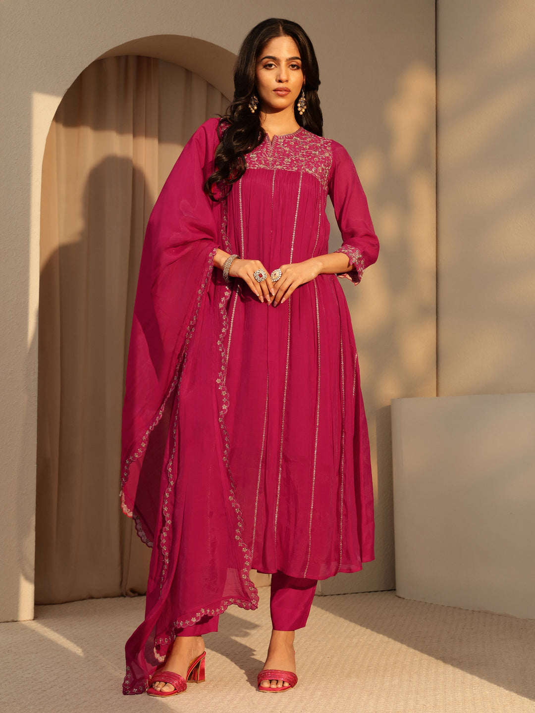  Fuchsia Pink Embellished Yoke  Chanderi Cotton A-Line Suit Set 