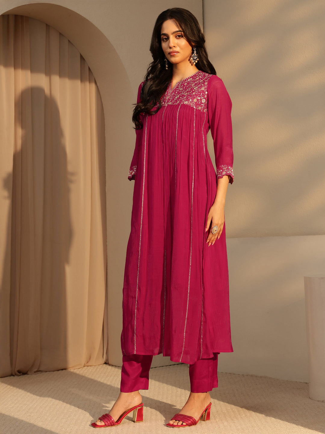  Fuchsia Pink Embellished Yoke  Chanderi Cotton A-Line Suit Set 