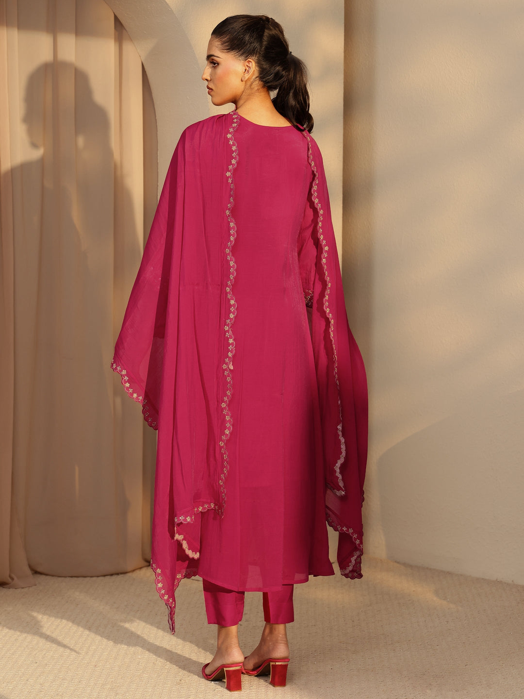  Fuchsia Pink Embellished Yoke  Chanderi Cotton A-Line Suit Set 