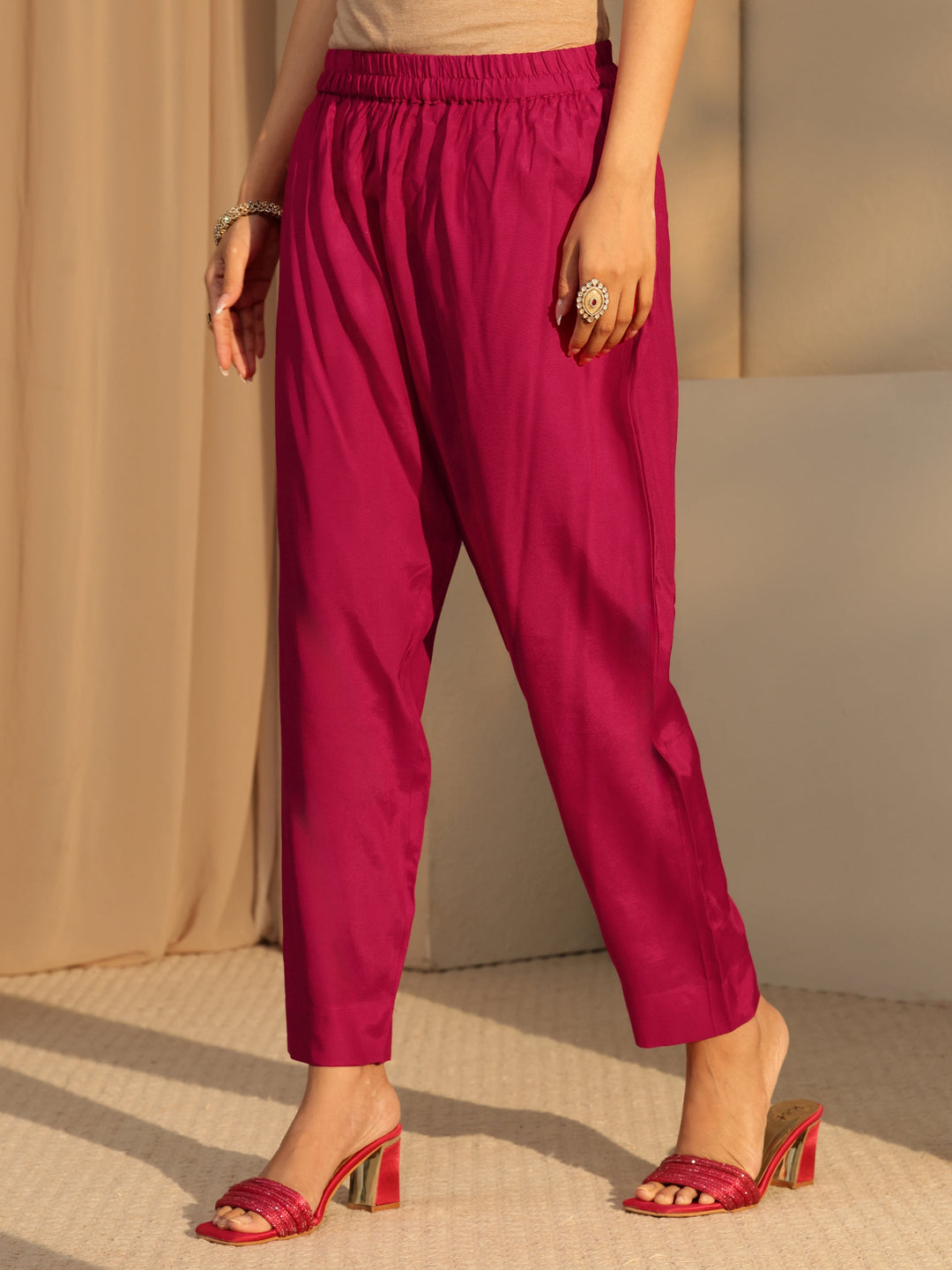  Fuchsia Pink Embellished Yoke  Chanderi Cotton A-Line Suit Set 