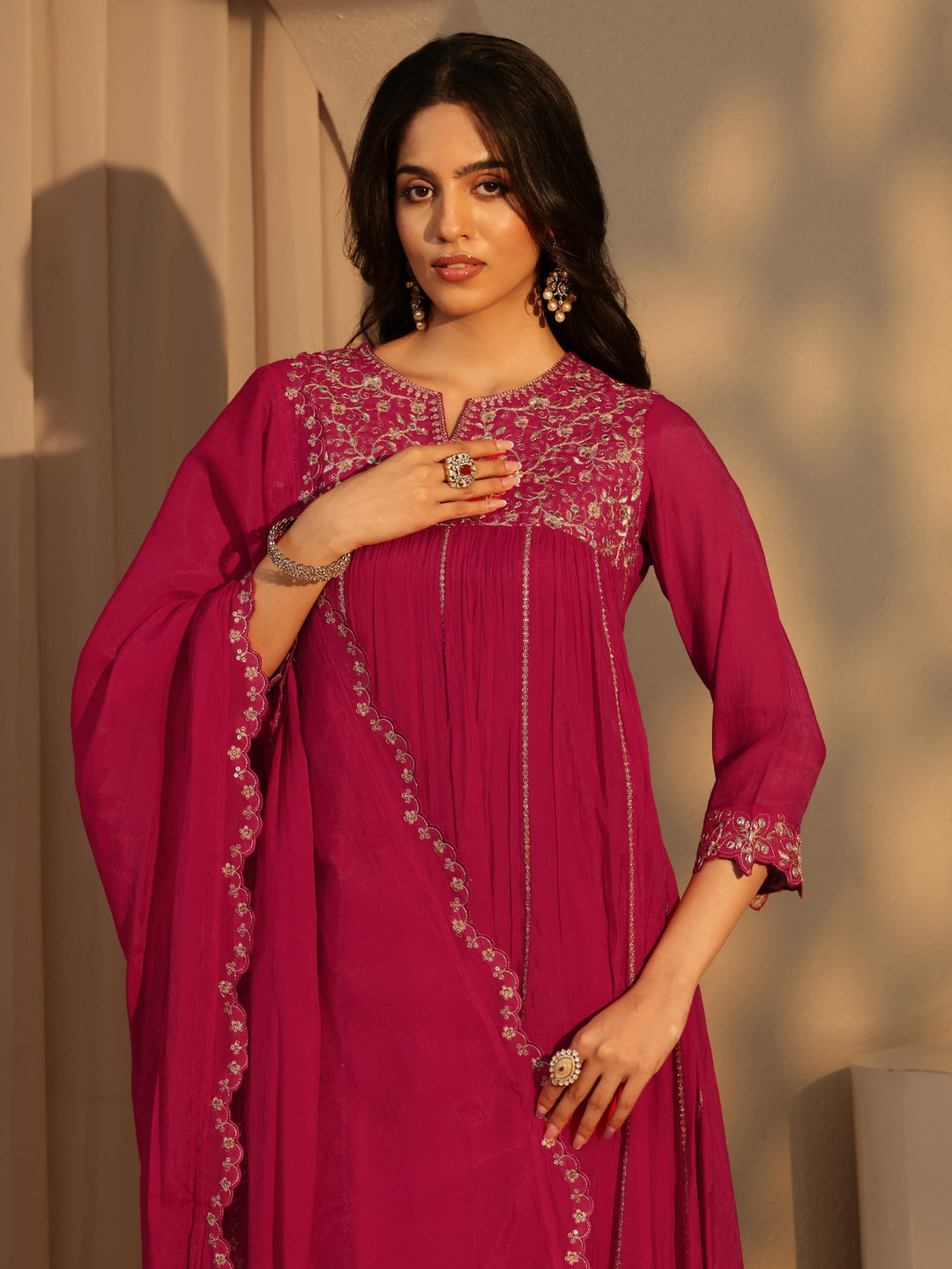  Fuchsia Pink Embellished Yoke  Chanderi Cotton A-Line Suit Set 