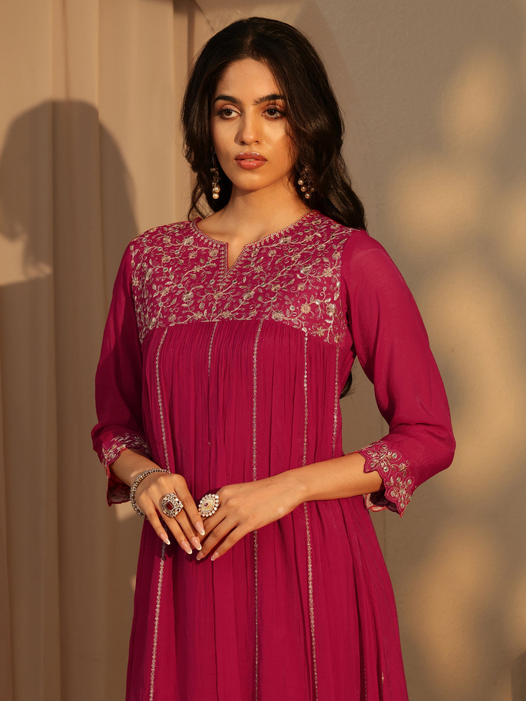  Fuchsia Pink Embellished Yoke  Chanderi Cotton A-Line Suit Set 