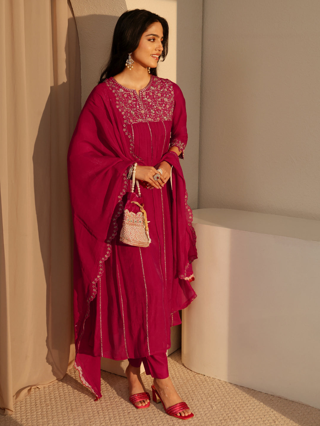  Fuchsia Pink Embellished Yoke  Chanderi Cotton A-Line Suit Set 