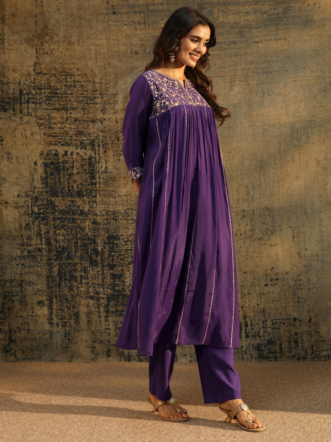  Libas Purple Floral Embroidered Chanderi Cotton Empire Anarkali Suit Set 