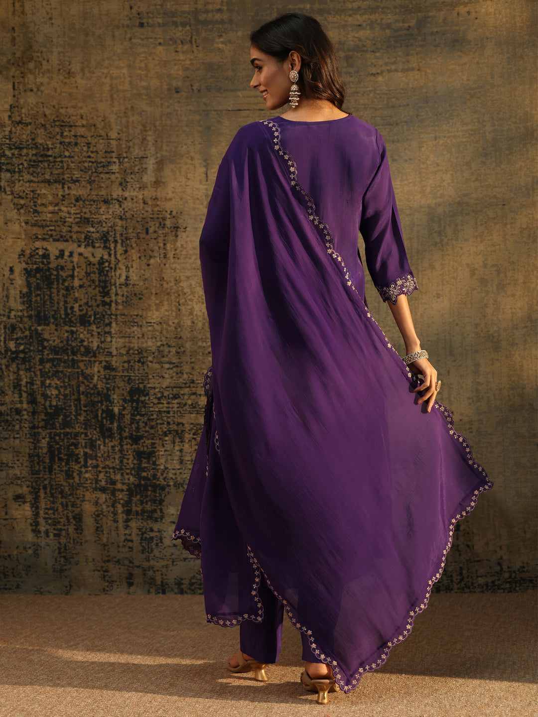  Libas Purple Floral Embroidered Chanderi Cotton Empire Anarkali Suit Set 