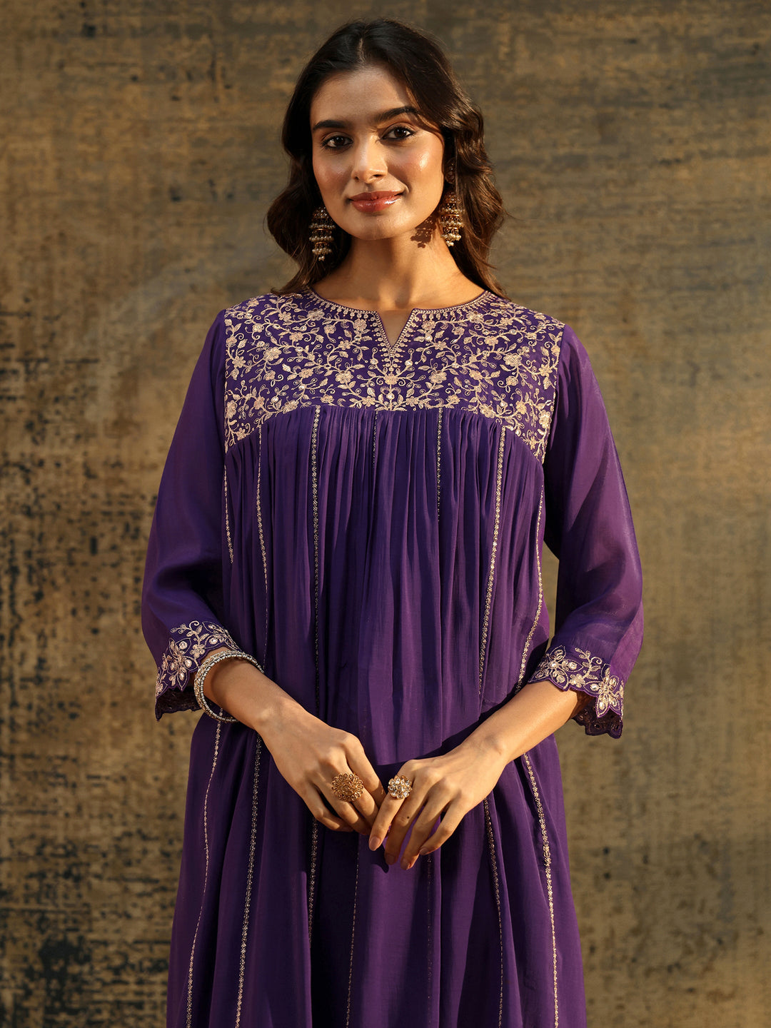  Libas Purple Floral Embroidered Chanderi Cotton Empire Anarkali Suit Set 