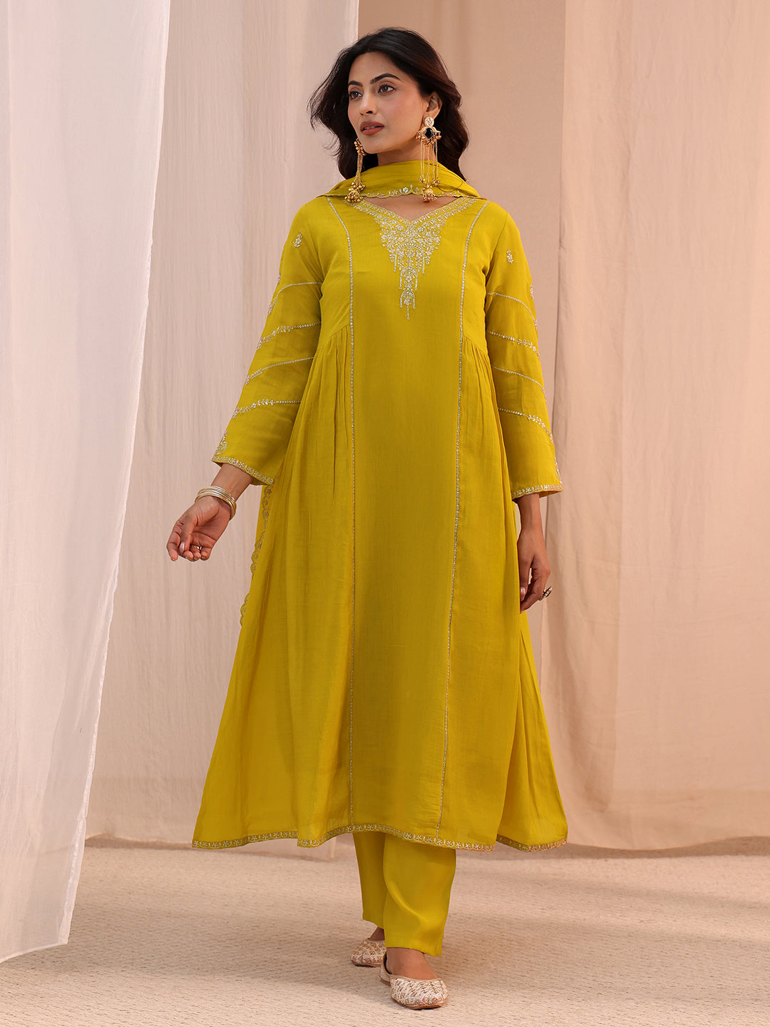  Mustard Floral Embroidered Chanderi Cotton Anarkali Suit Set 